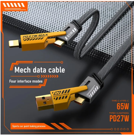 4-in-1 Fast Charging Cable 2-Pack – USB-C, Lightning, Braided, Black/Yellow