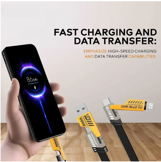 4-in-1 Fast Charging Cable 2-Pack – USB-C, Lightning, Braided, Black/Yellow